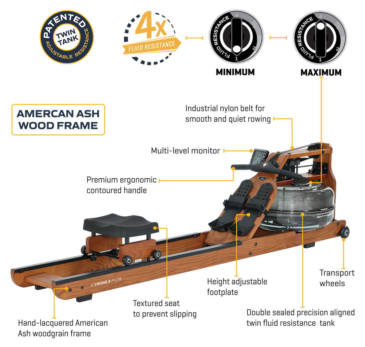 Indoor Fluid Rowing Machine with Computer Display - Viking 2 Plus - American Ash Wood Rails Brown with 4 levels of resistance