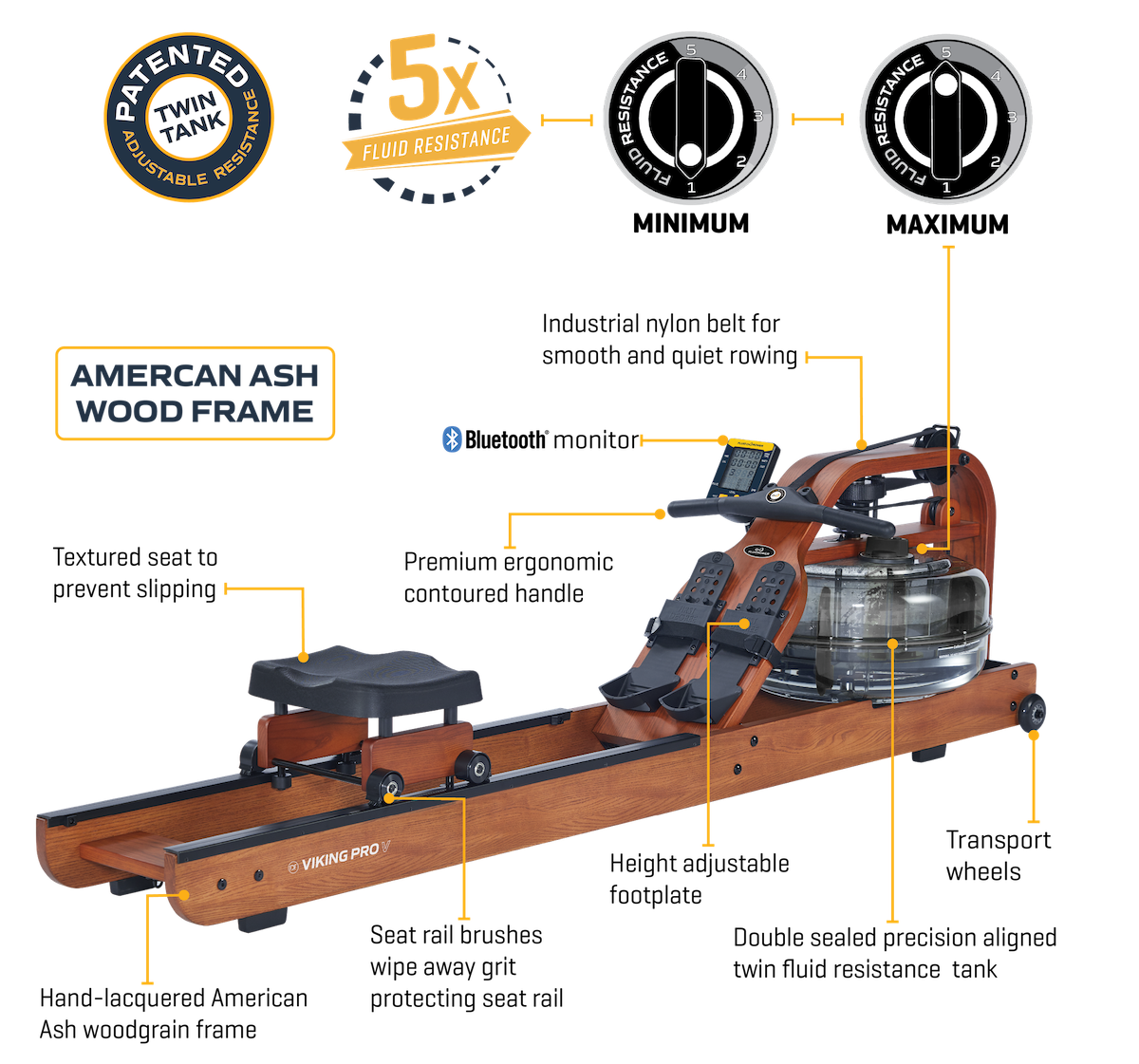 Indoor Fluid Rowing Machine with Computer Display - Viking Pro V with American Ash Wood Brown Rails - 5 levels of resistance
