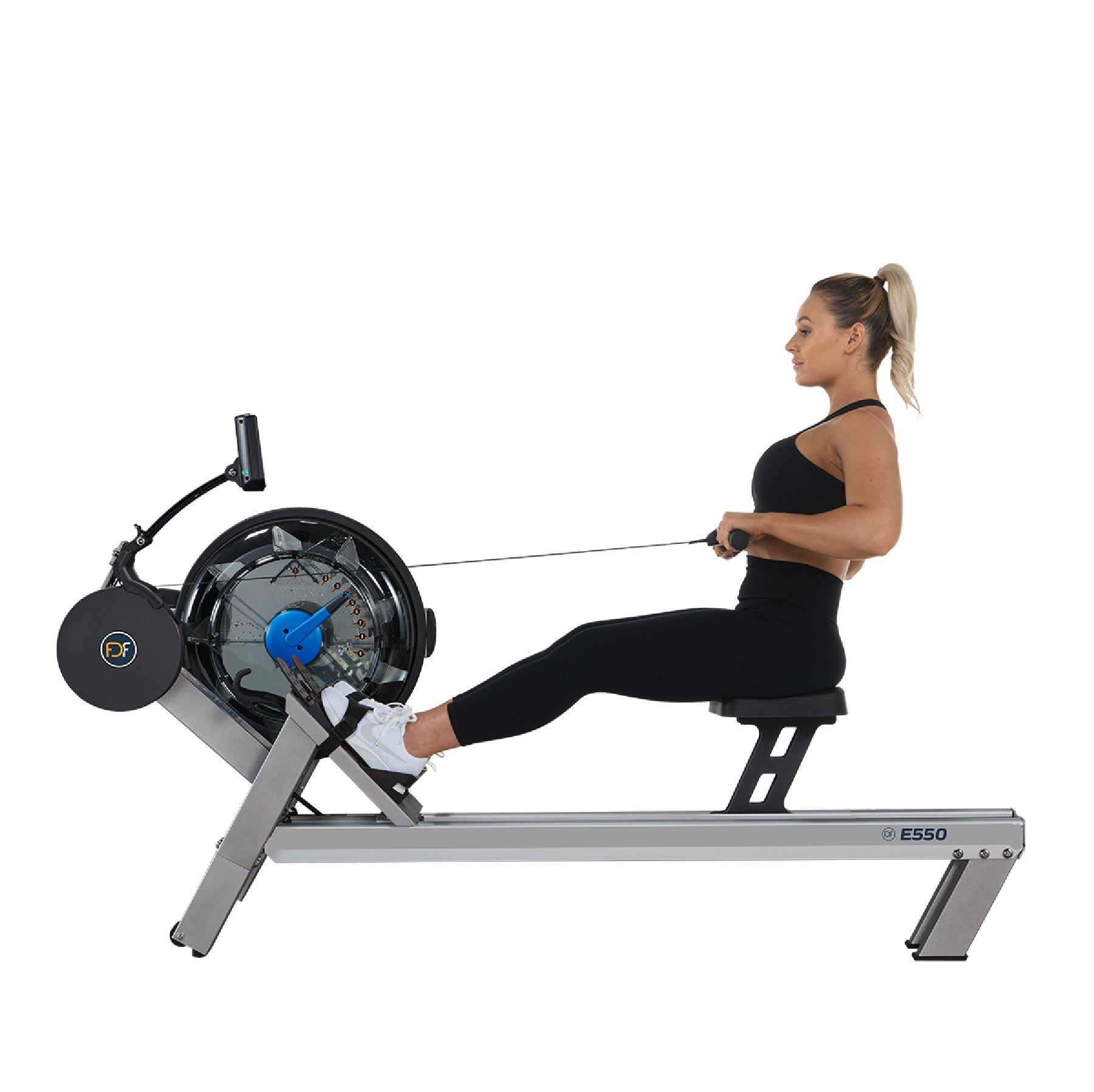 Indoor Fluid Rowing Machine with Computer Display - E550 Silver Rails - 10 levels of resistance